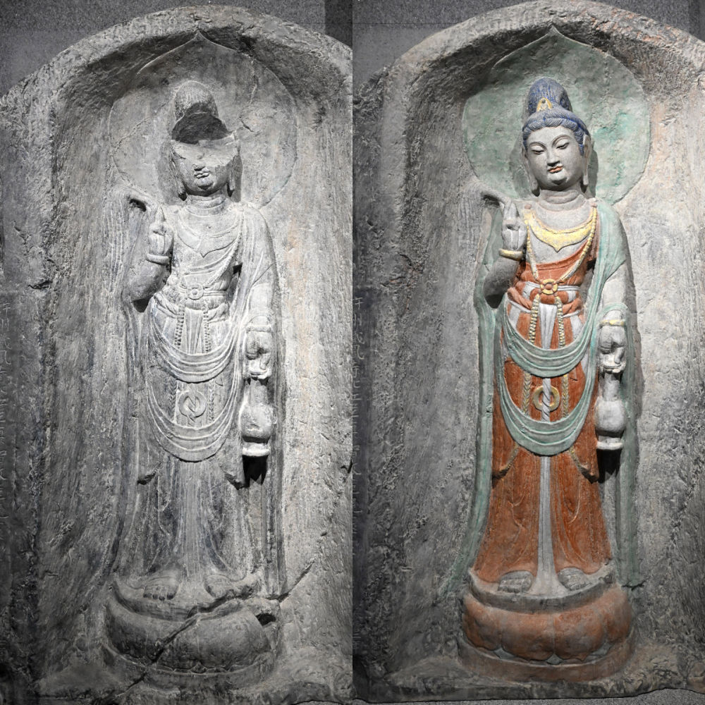 左图为龙门石窟万佛洞窟前南壁菩萨造像的3D打印模型;右图为利用数字化技术复原后的3D打印模型(2025年4月10日摄,拼版照片)。复原后的像龛精妙绝伦,栩栩如生,被游客誉为“龙门最美菩萨”。图片来源新华社